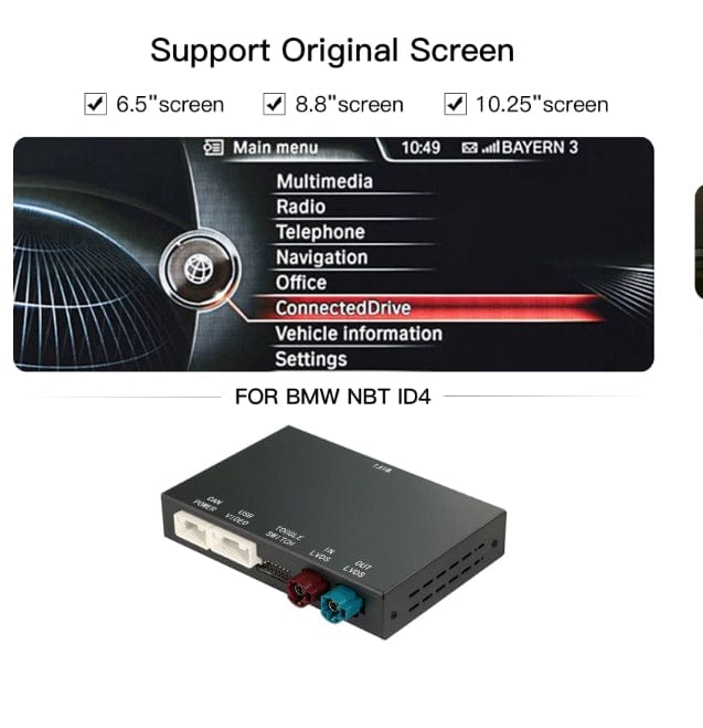 BMW Série 4 F32/F33/F36 (2013-2016) système NBT d'origine
BMW Série 5 F07/F10/F11/F18 (2013-2017) système NBT d'origine
BMW Série 6 F06/F12/F13 (2013-2017) système NBT d'origine
BMW Série 7 F01/F02/F03 (2013-2016) système NBT d'origine
Écran BMW MINI F56